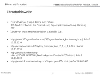 Kim Kapischke Hamburg den 20.08.2010
Führen mit Kompetenz Feedback geben und annehmen im berufl. Kontext
14
• Freimuth/Zirkler (Hrsg.): Lizenz zum Führen
360-Grad-Feedback in der Personal- und Organisationsentwicklung, Hamburg
2001
• Schulz von Thun: Miteinander reden 1, Reinbek 1981
• http://www.360-grad-feedback.net/360-grad-feedback_kurzfassung.htm | Aufruf
10.08.2010
• http://www.teachsam.de/psy/psy_kom/psy_kom_2_3_4_3_2.htm | Aufruf
10.08.2010
• http://arbeitsblaetter.stangl-
taller.at/KOMMUNIKATION/Feedbackgeben#Carsten%20Steinert | Aufruf
10.08.2010
• http://www.information-factory.com/fragebogen-360-.html | Aufruf 10.08.2010
Literaturhinweise
 