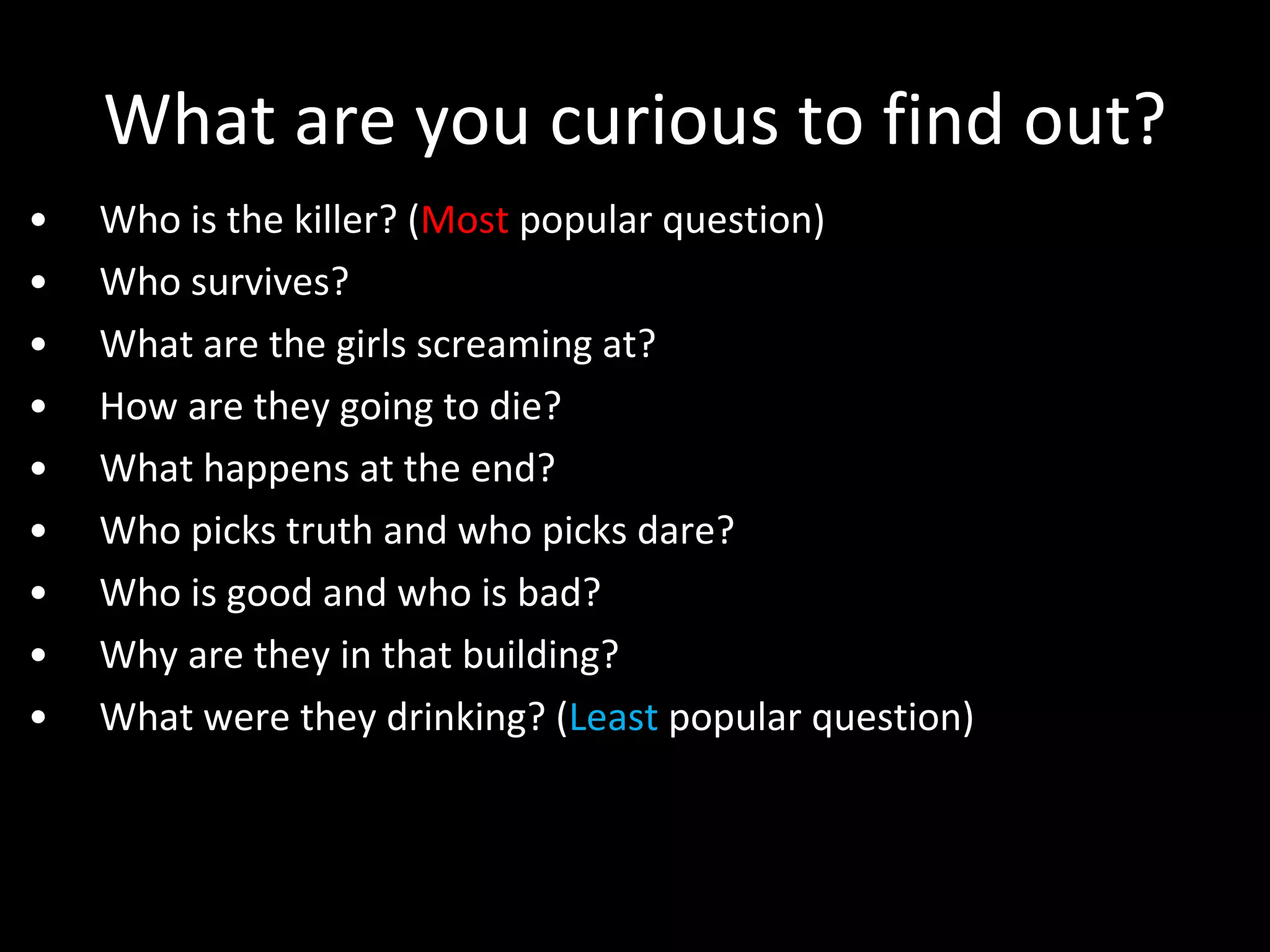 What are you curious to find out? Who is the killer? ( Most  popular question) Who survives? What are the girls screaming at? How are they going to die? What happens at the end? Who picks truth and who picks dare? Who is good and who is bad? Why are they in that building? What were they drinking? ( Least  popular question) 