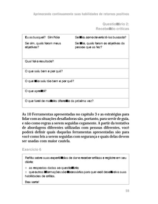 Aprimorando continuamente suas habilidades de retornos positivos

                                                        Questionário 2:
                                                     Recebendo críticas

 Eu as busquei? Sim/Não               Se n como deveria tê-las buscado?
                                          ão,
 Se sim, quais foram meus            Se n quais foram os objetivos da
                                         ão,
 objetivos?                          pessoa que as fez?



 Qual foi o resultado?


 O que saiu bem e por quê?


 O que n saiu tão bem e por quê?
        ão


 O que aprendi?


 O que farei de maneira diferen da próxima vez?
                               te



As 10 Ferramentas apresentadas no capítulo 3 e as estratégias para
lidar com as situações desafiadoras são, portanto, para servir de guia,
e não como regras a serem seguidas cegamente. A partir da tentativa
de abordagens diferentes utilizadas com pessoas diferentes, você
poderá definir quais daquelas ferramentas apresentadas são para
você como leis a serem seguidas com segurança e quais delas devem
ser usadas com maior cautela.

Exercício 6

 Reflita sobre suas experiências de dar e receber críticas e registre em seu
 diário:
 n as respostas dadas ao question ário;
 n que outras informações são necessárias para que você desenvolva suas
 habilidades de crítica.
 Boa sorte!

                                                                           59
 