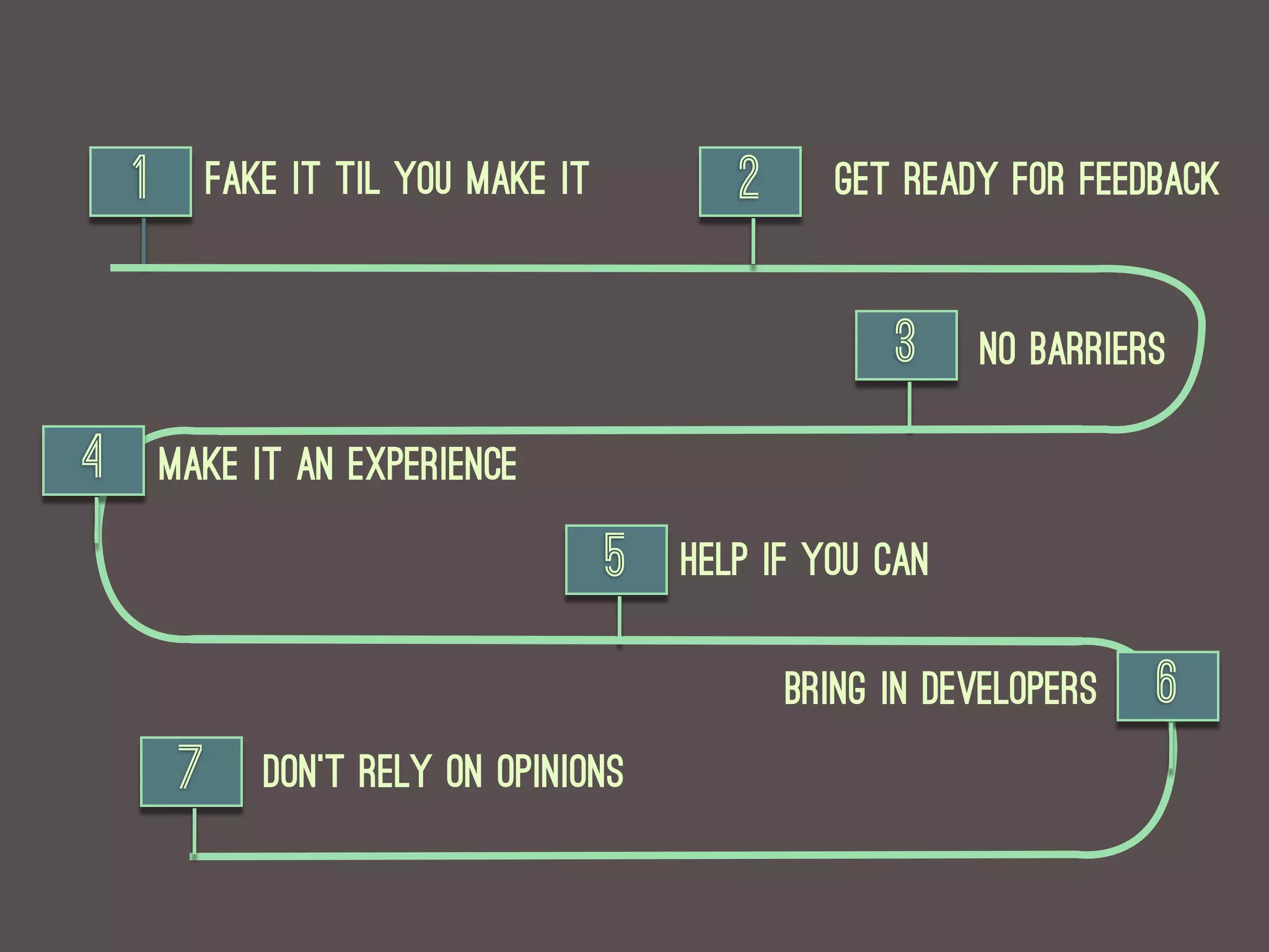 1        Fake it til you make it          2      Get ready for Feedback


                                                        3    No barriers

4       Make it an experience

                                       5   Help if you can

                                                  BRing in Developers   6
         7      Don't rely on opinions
 