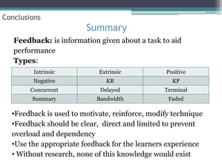 Conclusions
                        Summary
   Feedback: is information given about a task to aid
   performance
   Types:
         Intrinsic          Extrinsic           Positive
         Negative             KR                  KP
        Concurrent          Delayed             Terminal
        Summary            Bandwidth             Faded

  •Feedback is used to motivate, reinforce, modify technique
  •Feedback should be clear, direct and limited to prevent
  overload and dependency
  •Use the appropriate feedback for the learners experience
  • Without research, none of this knowledge would exist
 