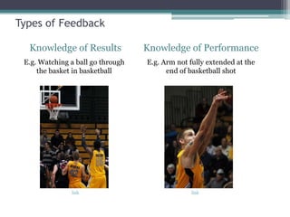 Types of Feedback

  Knowledge of Results             Knowledge of Performance
 E.g. Watching a ball go through   E.g. Arm not fully extended at the
     the basket in basketball            end of basketball shot




               link                              link
 