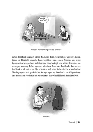 Gutes Feedback erzeugt einen Nachhall beim Gegenüber, welcher diesen 
dann im Idealfall bewegt. Dazu benötigt man einen Prozess, der zwei 
Kommunikationspartner aufeinander einschwingt und diese Resonanz zu 
erzeugen vermag. Daher nennen wir diese Form des Feedbacks Resonanz- 
Feedback und möchten Sie einladen auf eine Reise durch abwechselnd 
Überlegungen und praktische Anregungen zu Feedback im Allgemeinen 
und Resonanz-Feedback im Besonderen aus verschiedenen Perspektiven. 
Vorwort | 13 
Passt die Wahrnehmungswelt des anderen? 
Resonanz 
 