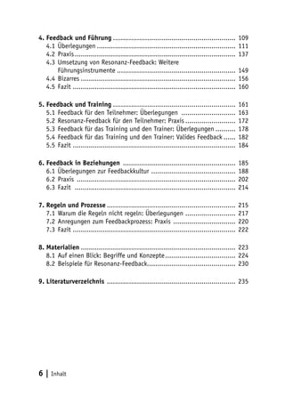 4. Feedback und Führung.............................................................. 109 
4.1 Überlegungen...................................................................... 111 
4.2 Praxis................................................................................. 137 
4.3 Umsetzung von Resonanz-Feedback: Weitere 
Führungsinstrumente............................................................ 149 
4.4 Bizarres.............................................................................. 156 
4.5 Fazit.................................................................................. 160 
5. Feedback und Training.............................................................. 161 
5.1 Feedback für den Teilnehmer: Überlegungen ............................ 163 
5.2 Resonanz-Feedback für den Teilnehmer: Praxis.......................... 172 
5.3 Feedback für das Training und den Trainer: Überlegungen........... 178 
5.4 Feedback für das Training und den Trainer: Valides Feedback....... 182 
5.5 Fazit.................................................................................. 184 
6. Feedback in Beziehungen ......................................................... 185 
6.1 Überlegungen zur Feedbackkultur ........................................... 188 
6.2 Praxis ................................................................................ 202 
6.3 Fazit ................................................................................. 214 
7. Regeln und Prozesse................................................................. 215 
7.1 Warum die Regeln nicht regeln: Überlegungen .......................... 217 
7.2 Anregungen zum Feedbackprozess: Praxis ................................ 220 
7.3 Fazit.................................................................................. 222 
8. Materialien.............................................................................. 223 
8.1 Auf einen Blick: Begriffe und Konzepte.................................... 224 
8.2 Beispiele für Resonanz-Feedback............................................ 230 
9. Literaturverzeichnis ................................................................. 235 
6 | Inhalt 
 