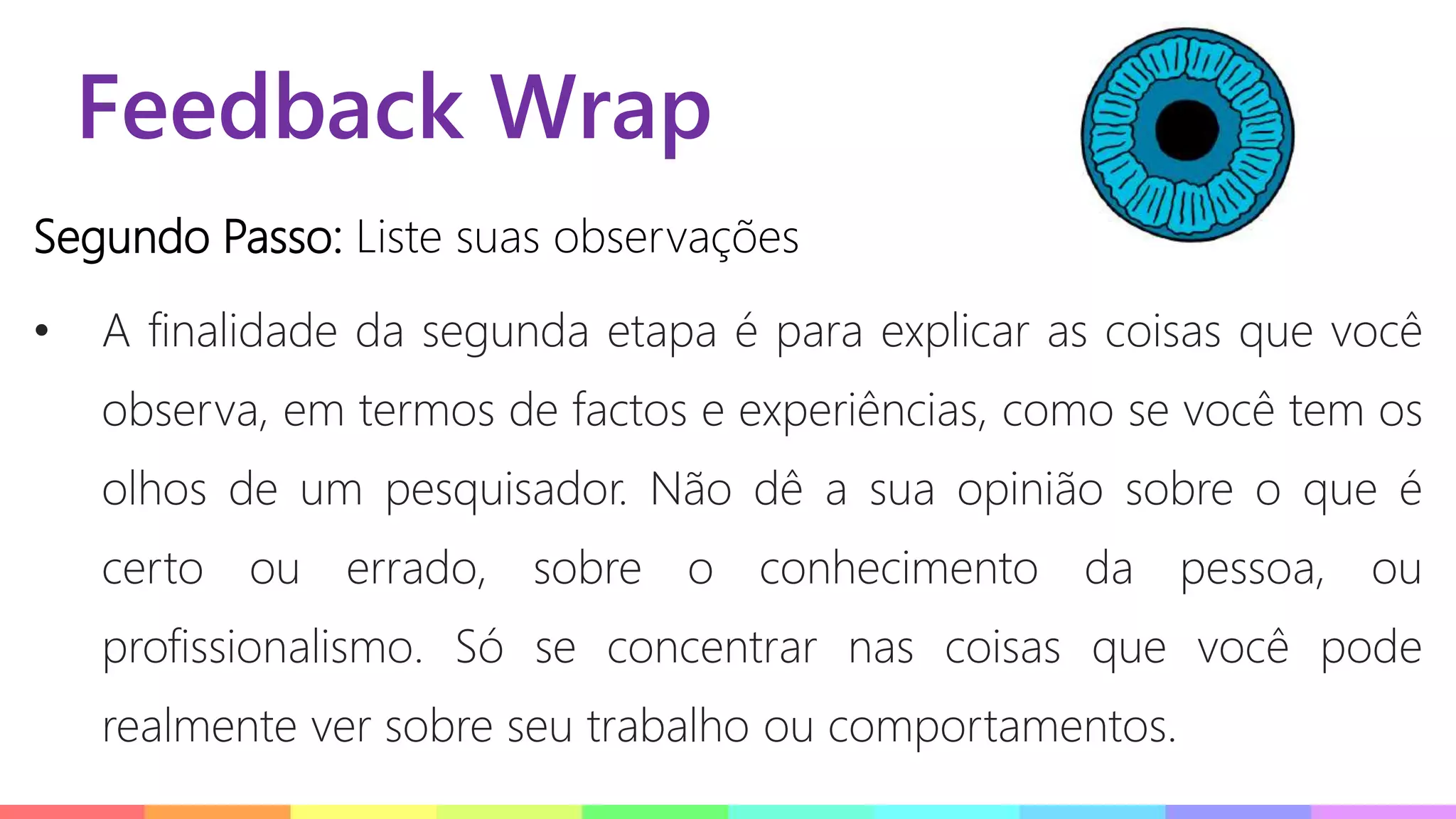 Feedback Wrap
Segundo Passo: Liste suas observações
• A finalidade da segunda etapa é para explicar as coisas que você
observa, em termos de factos e experiências, como se você tem os
olhos de um pesquisador. Não dê a sua opinião sobre o que é
certo ou errado, sobre o conhecimento da pessoa, ou
profissionalismo. Só se concentrar nas coisas que você pode
realmente ver sobre seu trabalho ou comportamentos.
 