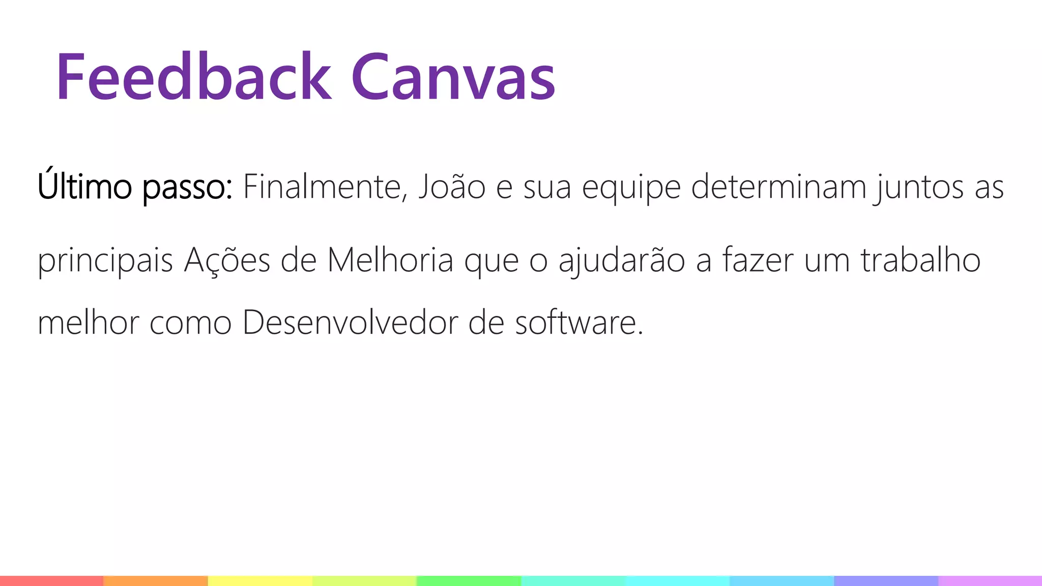 Feedback Canvas
Último passo: Finalmente, João e sua equipe determinam juntos as
principais Ações de Melhoria que o ajudarão a fazer um trabalho
melhor como Desenvolvedor de software.
 