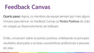 Feedback Canvas
Quarto passo: Agora, os membros da equipe pensam por mais alguns
minutos para elencar no Feedback Canvas os Pontos Positivos do João
em relação ao Desenvolvimento de Software.
Então, conversam sobre os pontos positivos, enfatizando os principais
resultados alcançados e as boas características profissionais e pessoais
do João.
 
