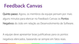 Feedback Canvas
Quinto passo: Agora, os membros da equipe pensam por mais
alguns minutos para elencar no Feedback Canvas os Pontos
Negativos do João em relação ao Desenvolvimento de Software.
A equipe deve apresentar boas justificativas para os pontos
negativos elencados, baseando-se sempre em fatos reais.
 