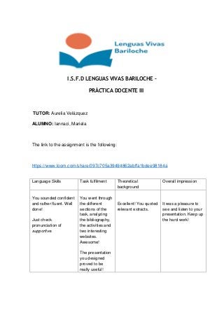 I.S.F.D LENGUAS VIVAS BARILOCHE –
PRÁCTICA DOCENTE III
TUTOR: Aurelia Velázquez
ALUMNO: Iannaci, Mariela
The link to the assignment is the following:
https://www.loom.com/share/097c705a39494862abffa1bdee98184a
Language Skills Task fulfilment Theoretical
background
Overall impression
You sounded confident
and rather fluent. Well
done!
Just check
pronunciation of
supportive.
You went through
the different
sections of the
task, analyzing
the bibliography,
the activities and
two interesting
websites.
Awesome!
The presentation
you designed
proved to be
really useful!
Excellent! You quoted
relevant extracts.
It was a pleasure to
see and listen to your
presentation. Keep up
the hard work!
 