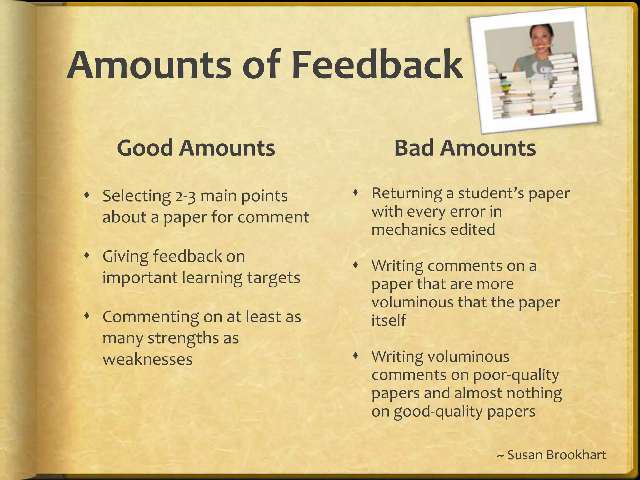 Amounts of Feedback
Good Amounts
 Selecting 2-3 main points
about a paper for comment
 Giving feedback on
important learning targets
 Commenting on at least as
many strengths as
weaknesses
Bad Amounts
 Returning a student’s paper
with every error in
mechanics edited
 Writing comments on a
paper that are more
voluminous that the paper
itself
 Writing voluminous
comments on poor-quality
papers and almost nothing
on good-quality papers
~ Susan Brookhart
 