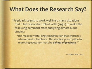 What Does the Research Say?
“Feedback seems to work well in so many situations
that it led researcher John Hattie (1992) to make the
following comment after analyzing almost 8,000
studies:
‘The most powerful single modification that enhances
achievement is feedback. The simplest prescription for
improving education must be dollops of feedback.’”
~ Robert Marzano
 