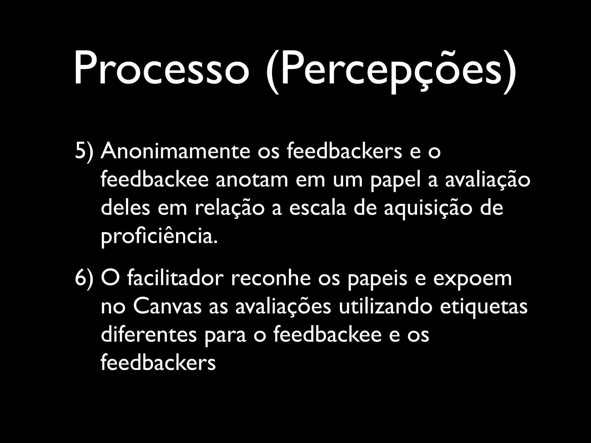Processo (Percepções)
5) Anonimamente os feedbackers e o
feedbackee anotam em um papel a avaliação
deles em relação a escala de aquisição de
proﬁciência.	

6) O facilitador reconhe os papeis e expoem
no Canvas as avaliações utilizando etiquetas
diferentes para o feedbackee e os
feedbackers

 