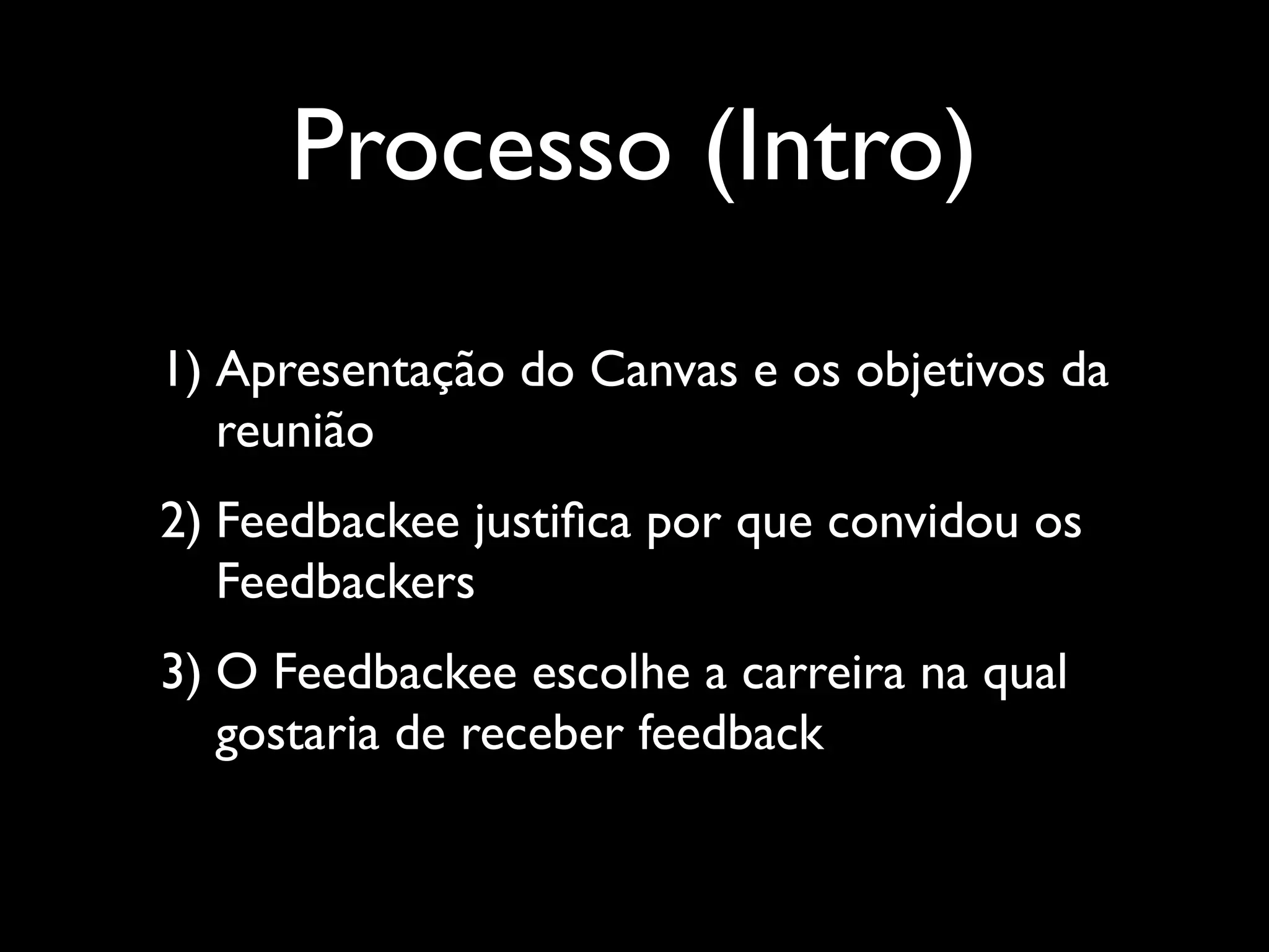 Processo (Intro)
1) Apresentação do Canvas e os objetivos da
reunião	

2) Feedbackee justiﬁca por que convidou os
Feedbackers	

3) O Feedbackee escolhe a carreira na qual
gostaria de receber feedback

 