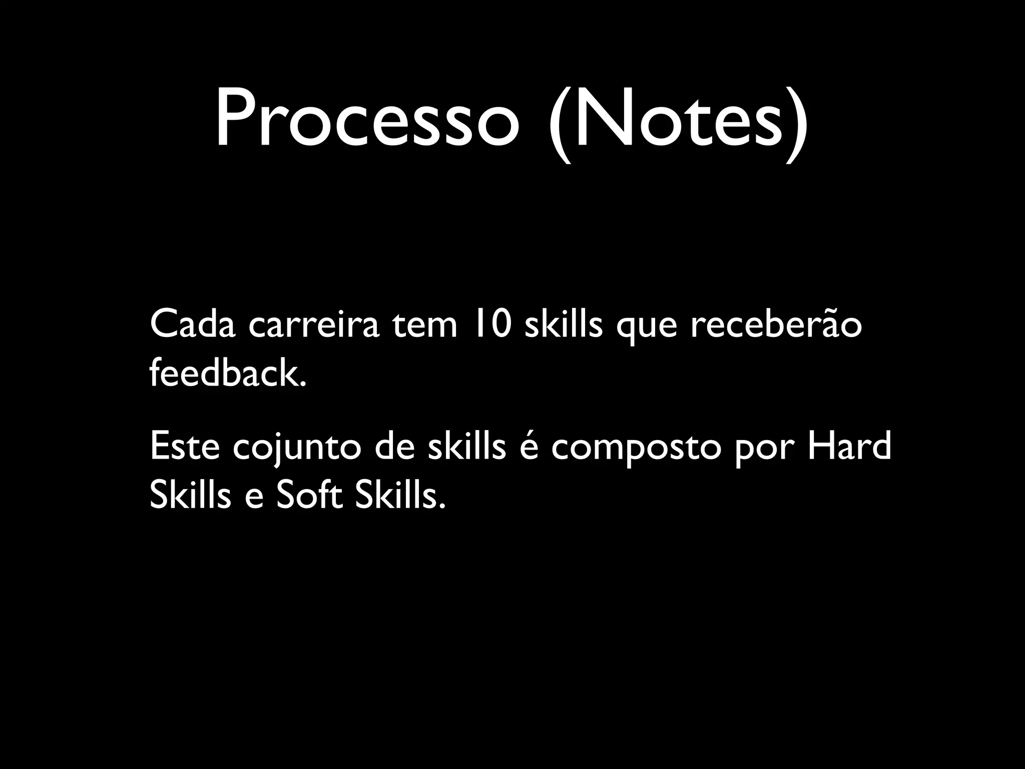 Processo (Notes)
Cada carreira tem 10 skills que receberão
feedback.	

Este cojunto de skills é composto por Hard
Skills e Soft Skills.	


 