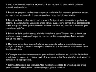 1) Não possui conhecimento e experiência. É um iniciante no tema. Não é capaz de
produzir nada sozinho.	

!
2) Possui um pequeno conhecimento e pouca habilidade. Está dando os primeiros passos
no tema e está aprendendo. É capaz de produzir coisas bem simples sozinho.	

!
3) Possui um bom conhecimento sobre o tema. Está praticando sem maiores problemas,
obtendo bons resultados. É capaz de andar com as suas própria pernas. Trata sepradamente
todos os aspectos com igual importancia. Reconhecimento de problema já resolvido para
tomada de decisões.	

!
4) Possui um bom conhecimento e habilidade sobre o tema. Também toma a frente dos
problemas para resolvê-los. É capaz de resolver problemas complexos. Naturalmente
planeja suas ações. 	

!
5) Domina o tema. É um expert. Profunda compreensão sobre o tema.Visão macro da
situação. Consegue priorizar cada aspecto baseado na sua importancia. Percebe riscos em
decisões técnicas.	

!
6) Consegue combinar conhecimentos para melhorar ainda mais seu trabalho. Entende os
principios e os valores e consegue devira-los para suas ações. Toma decisões intuitivamente.
Tem visão do que é possível. 	

!
7) Domina totalmente sua execução. Não há mais necessidade de princípios, não presta
atenção na seu desempenho. Transcende regras, guias e máximas.

 