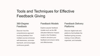 Tools and Techniques for Effective
Feedback Giving
360-Degree
Feedback
Discover how this
comprehensive approach
involving feedback from
multiple sources enhances
self-awareness, promotes
teamwork, and encourages
continuous growth.
Feedback Models
Explore popular feedback
models such as the SBI
(Situation-Behavior-Impact)
model or the Pendleton
model to structure your
feedback and ensure clarity
and effectiveness.
Feedback Delivery
Platforms
Discover digital tools and
platforms that facilitate the
feedback-giving process,
making it more efficient,
organized, and trackable.
 