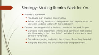 Strategy: Making Rubrics Work for You
 Provide a framework
 Feedback is an ongoing conversation.
 Before providing feedback, always assess the purpose: what do
you want students to DO with this feedback?
 Develop meaningful rubrics that can do a lot of the work for you.
 Combine rubric assessment with 2-3 end comments that explain
what is working in the current draft and what the student should
consider for revision.
 Consider engaging students in the process of creating the rubric.
 Integrate the rubric into course activities and peer review.
 