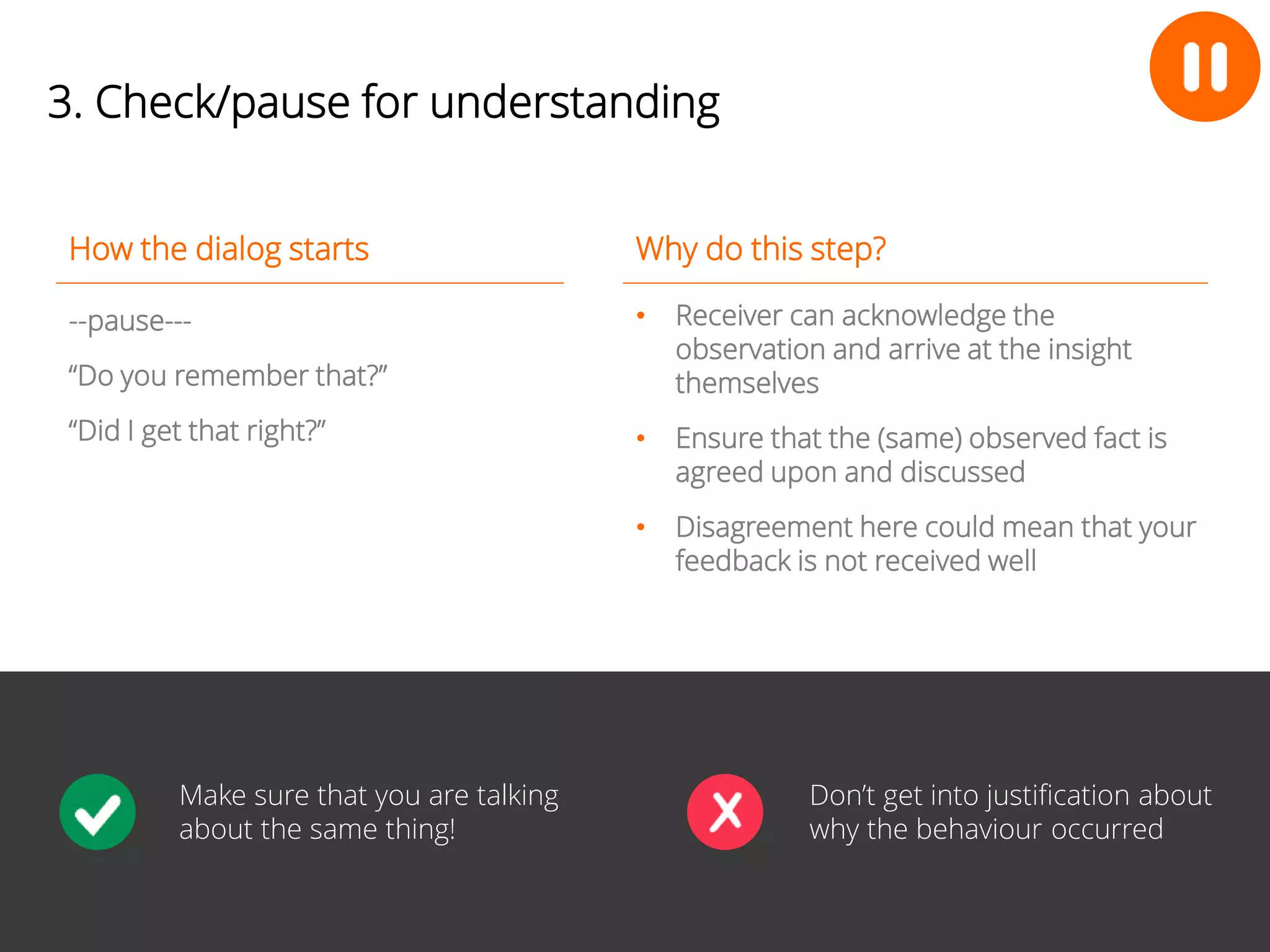 16 
3. Check/pause for understanding 
How the dialog starts 
--pause--- 
“Do you remember that?” 
“Did I get that right?” 
Why do this step? 
• Receiver can acknowledge the 
observation and arrive at the insight 
themselves 
• Ensure that the (same) observed fact is 
agreed upon and discussed 
• Disagreement here could mean that your 
feedback is not received well 
Make sure that you are talking 
about the same thing! 
Don’t get into justification about 
why the behaviour occurred 
 