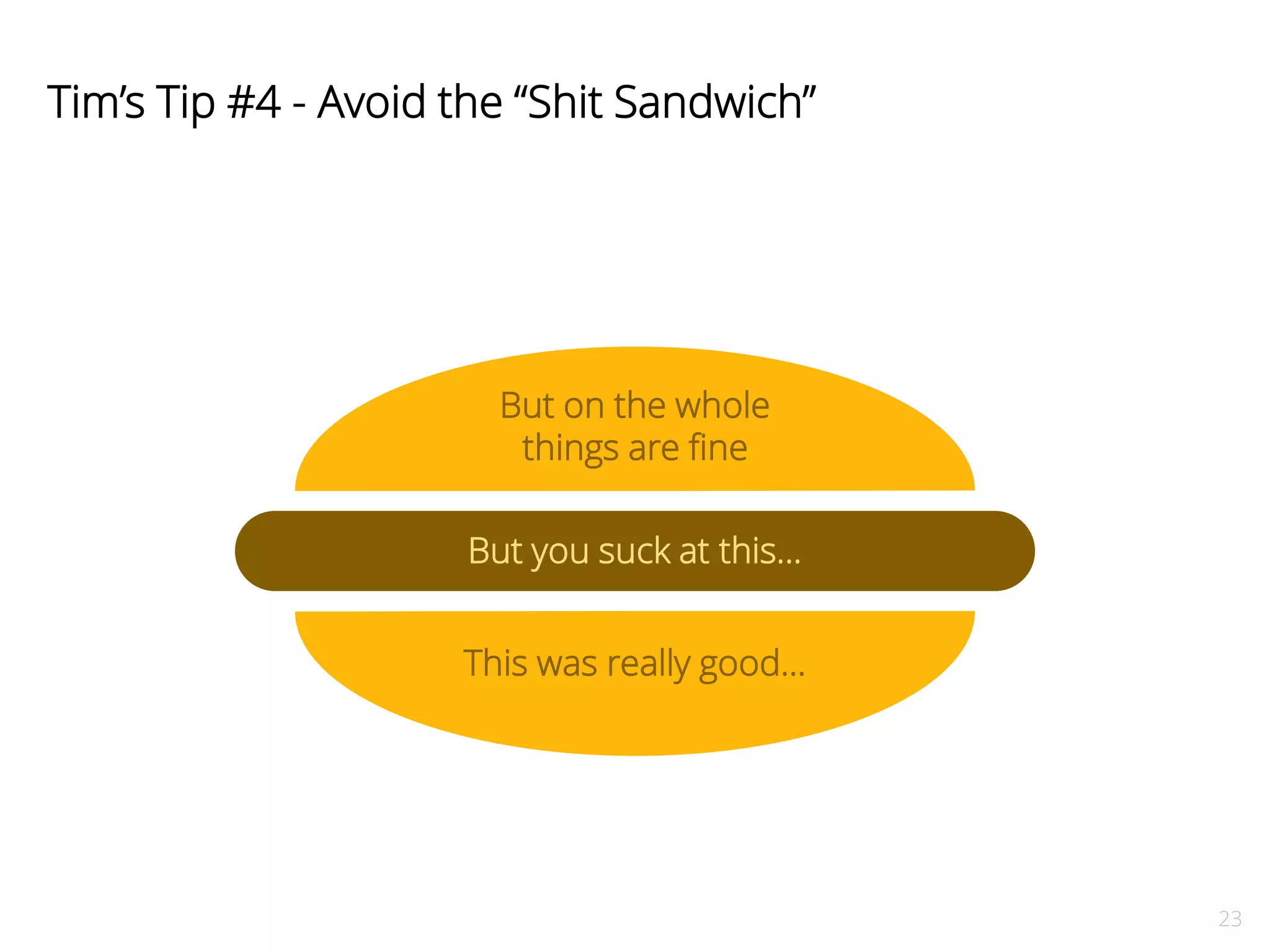 23 
Tim’s Tip #4 - Avoid the “Shit Sandwich” 
But on the whole 
things are fine 
But you suck at this… 
This was really good… 
 