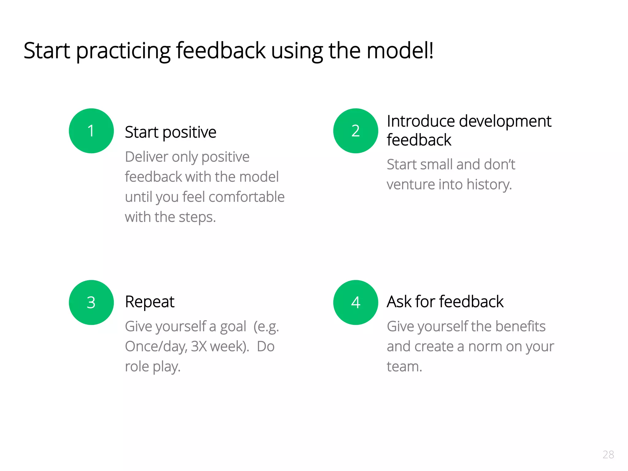 28 
Start practicing feedback using the model! 
Start positive 
Deliver only positive 
feedback with the model 
until you feel comfortable 
with the steps. 
Introduce development 
feedback 
Start small and don’t 
venture into history. 
Repeat 
Give yourself a goal (e.g. 
Once/day, 3X week). Do 
role play. 
Ask for feedback 
1 
3 
2 
4 
Give yourself the benefits 
and create a norm on your 
team. 
 