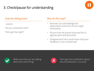 16 
3. Check/pause for understanding 
How the dialog starts 
--pause--- 
“Do you remember that?” 
“Did I get that right?” 
Why do this step? 
• Receiver can acknowledge the 
observation and arrive at the insight 
themselves 
• Ensure that the (same) observed fact is 
agreed upon and discussed 
• Disagreement here could mean that your 
feedback is not received well 
Make sure that you are talking 
about the same thing! 
Don’t get into justification about 
why the behaviour occurred 
 
