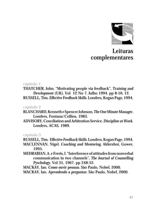 Leituras
                                         complementares



capitulo 1
THATCHER, John. “Motivating people via feedback”, Training and
      Development (UK), Vol 12 No 7, Julho 1994. pp 8-10, 12.
RUSSELL, Tim. Effective Feedback Skills. Londres, Kogan Page, 1994.

capitulo 2
BLANCHARD, Kenneth e Spencer Johnson, The One Minute Manager.
      Londres, Fontana/Collins, 1983.
ADVISORY, Conciliation and Arbitration Service. Discipline at Work.
      Londres, ACAS, 1989.

capitulo 3
RUSSELL, Tim. Effective Feedback Skills. Londres, Kogan Page, 1994.
MACLENNAN, Nigel. Coaching and Mentoring. Aldershot, Gower,
      1995.
MEHRABIAN, A. e Ferris, I. “Interference of attitudes from nonverbal
      communication in two channels”, The Journal of Counselling
      Pyschology, Vol 31, 1967. pp 248-52.
MACKAY, Ian. Como ouvir pessoas. São Paulo, Nobel, 2000.
MACKAY, Ian. Aprendendo a perguntar. São Paulo, Nobel, 2000.




                                                                 61
 