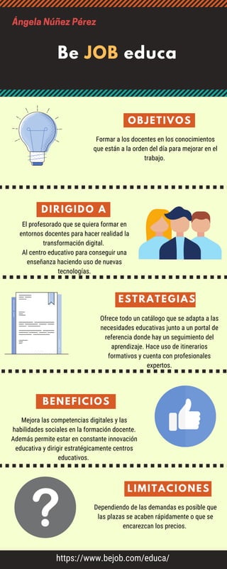 Be JOB educa
ÁngelaNúñezPérez
Formar a los docentes en los conocimientos
que están a la orden del día para mejorar en el
trabajo.
OBJETIVOS
El profesorado que se quiera formar en
entornos docentes para hacer realidad la
transformación digital.
Al centro educativo para conseguir una
enseñanza haciendo uso de nuevas
tecnologías.
DIRIGIDO A
Ofrece todo un catálogo que se adapta a las
necesidades educativas junto a un portal de
referencia donde hay un seguimiento del
aprendizaje. Hace uso de itinerarios
formativos y cuenta con profesionales
expertos.
ESTRATEGIAS
Mejora las competencias digitales y las
habilidades sociales en la formación docente.
Además permite estar en constante innovación
educativa y dirigir estratégicamente centros
educativos.
BENEFICIOS
Dependiendo de las demandas es posible que
las plazas se acaben rápidamente o que se
encarezcan los precios.
LIMITACIONES
https://www.bejob.com/educa/
 