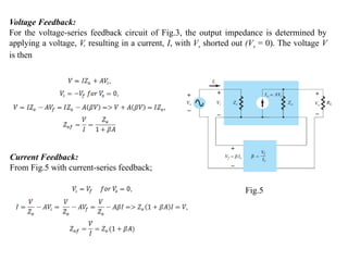 Voltage Feedback:
For the voltage-series feedback circuit of Fig.3, the output impedance is determined by
applying a voltage, V, resulting in a current, I, with Vs shorted out (Vs = 0). The voltage V
is then
Current Feedback:
From Fig.5 with current-series feedback;
Fig.5
 