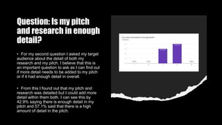 Question: Is my pitch
and research in enough
detail?
• For my second question I asked my target
audience about the detail of both my
research and my pitch. I believe that this is
an important question to ask as I can find out
if more detail needs to be added to my pitch
or if it had enough detail in overall.
• From this I found out that my pitch and
research was detailed but I could add more
detail within them both. I can see this by
42.9% saying there is enough detail in my
pitch and 57.1% said that there is a high
amount of detail in the pitch.
 