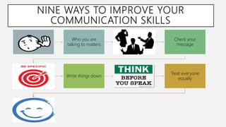 NINE WAYS TO IMPROVE YOUR
COMMUNICATION SKILLS
Listen
Who you are
talking to matters
Body language
Check your
message
Be brief, be
specific
Write things down
Think before you
speak
Treat everyone
equally
Maintain a positive
attitude and smile
 