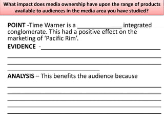 POINT -Time Warner is a _____________ integrated
conglomerate. This had a positive effect on the
marketing of ‘Pacific Rim’.
EVIDENCE -___________________________________
_____________________________________________
_____________________________________________
___________________________
ANALYSIS – This benefits the audience because
_____________________________________________
_____________________________________________
_____________________________________________
_____________________________________________
_____________________________________________
What impact does media ownership have upon the range of products
available to audiences in the media area you have studied?
 