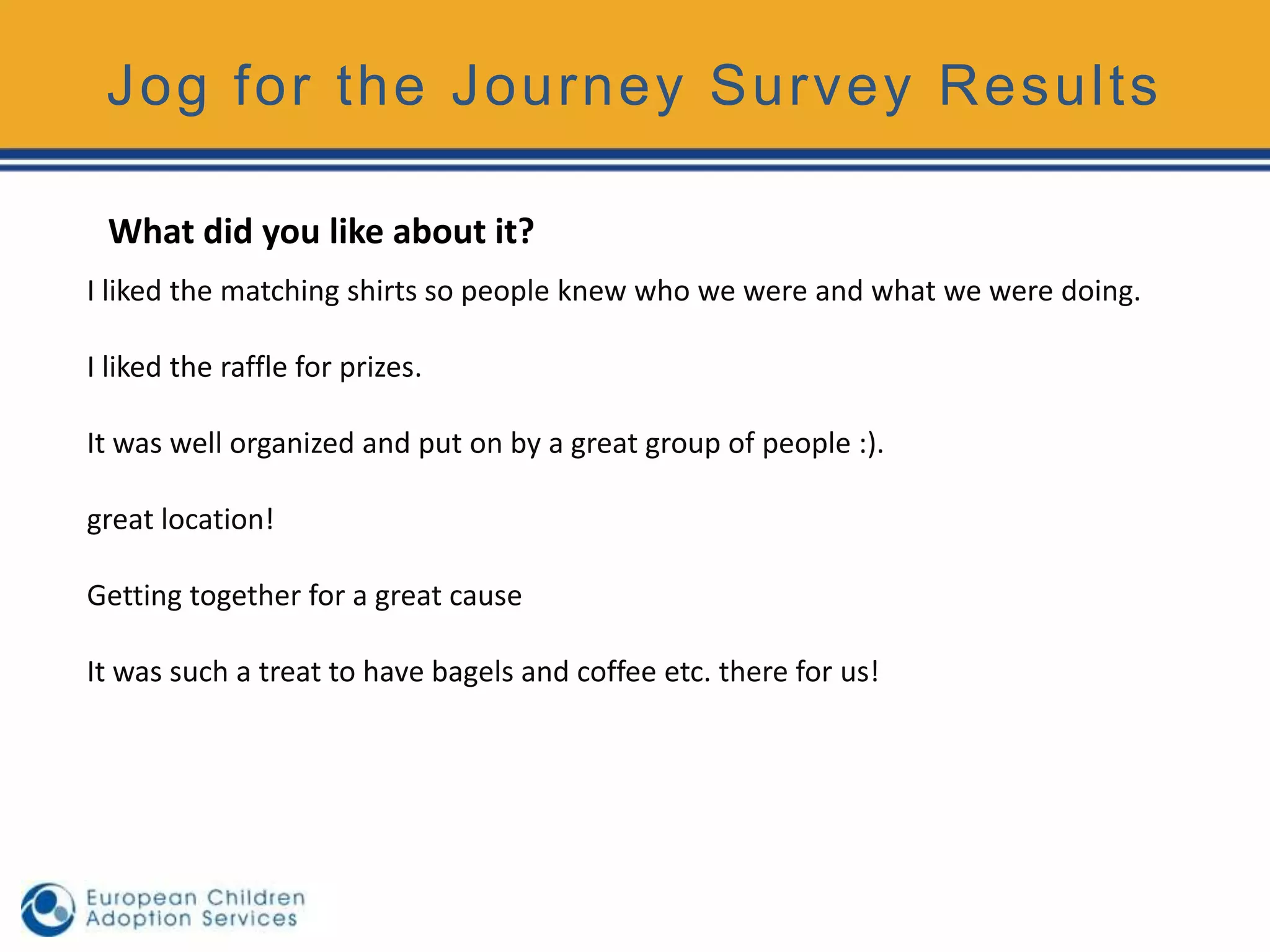 Jog for the Journey Survey Results

 What did you like about it?
I liked the matching shirts so people knew who we were and what we were doing.

I liked the raffle for prizes.

It was well organized and put on by a great group of people :).

great location!

Getting together for a great cause

It was such a treat to have bagels and coffee etc. there for us!
 