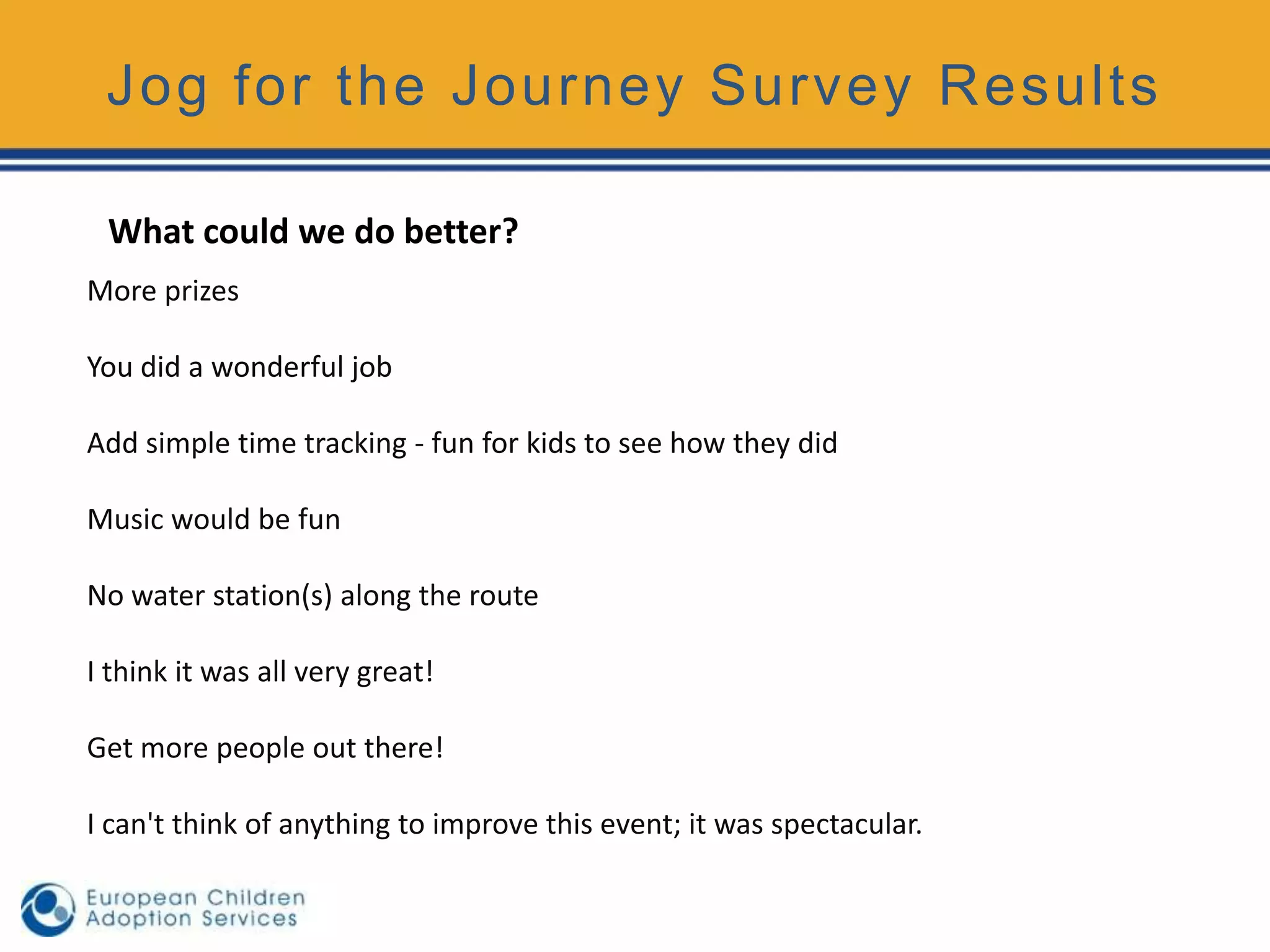 Jog for the Journey Survey Results

 What could we do better?
More prizes

You did a wonderful job

Add simple time tracking - fun for kids to see how they did

Music would be fun

No water station(s) along the route

I think it was all very great!

Get more people out there!

I can't think of anything to improve this event; it was spectacular.
 