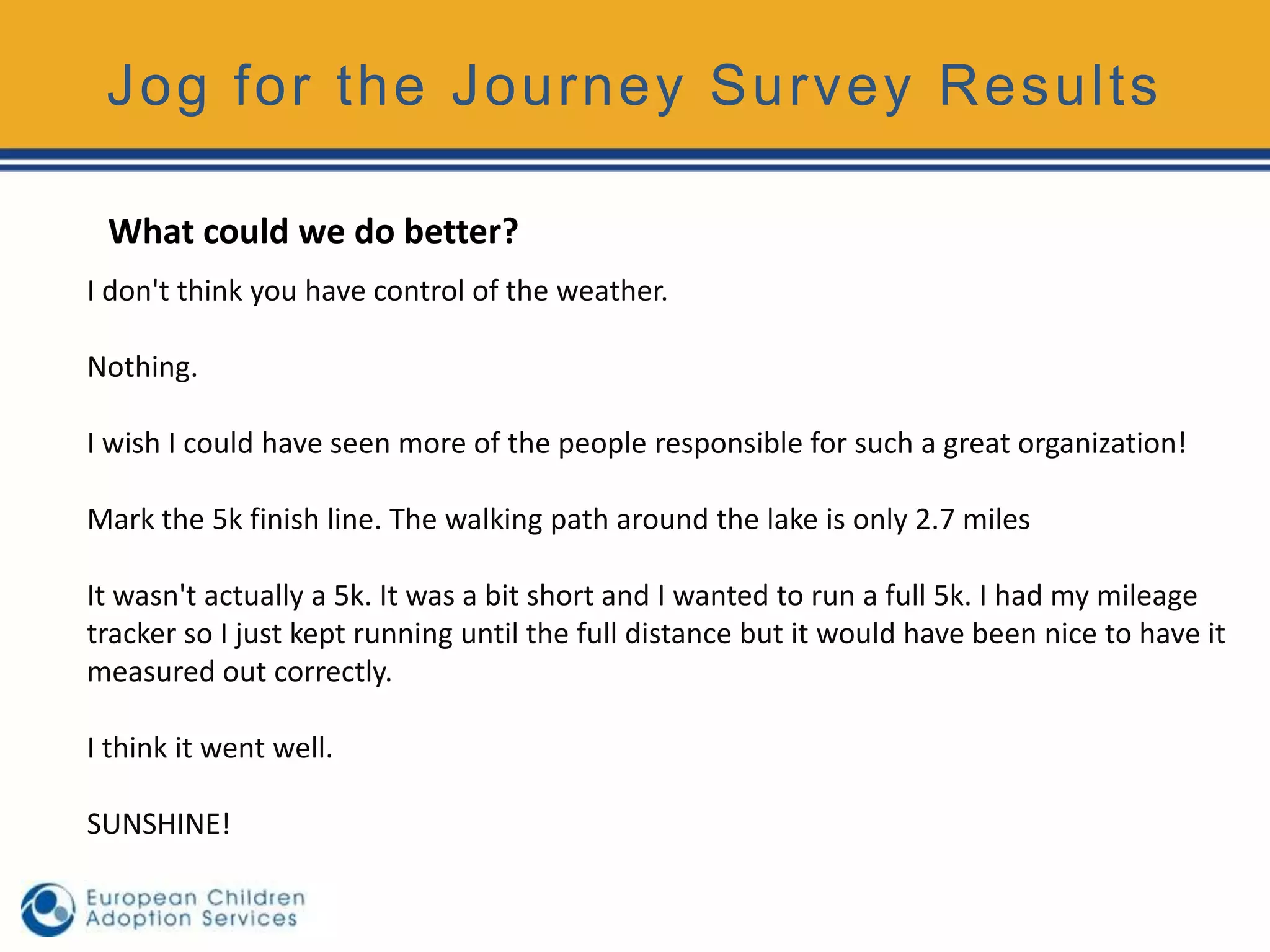 Jog for the Journey Survey Results

 What could we do better?
I don't think you have control of the weather.

Nothing.

I wish I could have seen more of the people responsible for such a great organization!

Mark the 5k finish line. The walking path around the lake is only 2.7 miles

It wasn't actually a 5k. It was a bit short and I wanted to run a full 5k. I had my mileage
tracker so I just kept running until the full distance but it would have been nice to have it
measured out correctly.

I think it went well.

SUNSHINE!
 