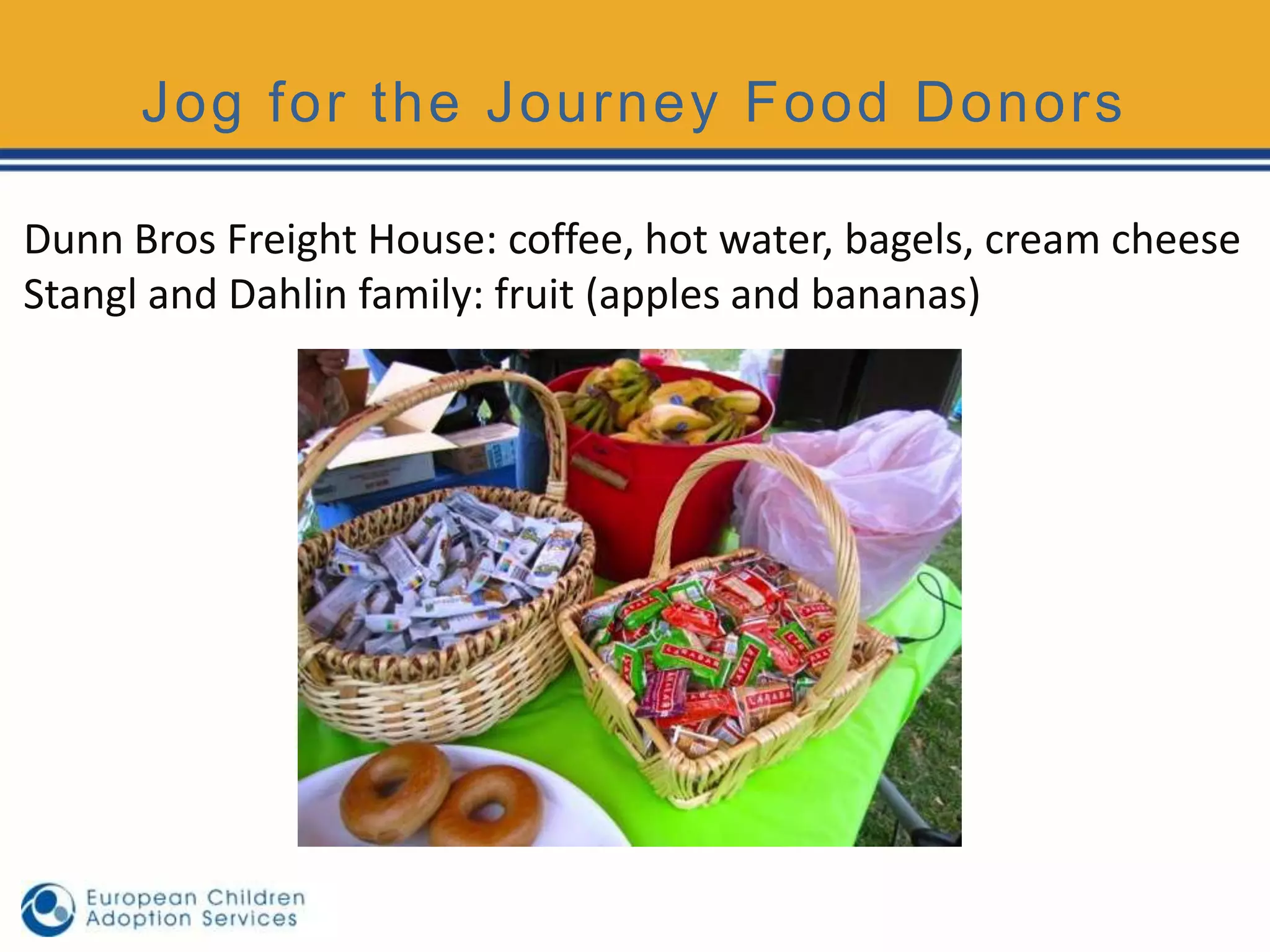 Jog for the Journey Food Donors

Dunn Bros Freight House: coffee, hot water, bagels, cream cheese
Stangl and Dahlin family: fruit (apples and bananas)
 