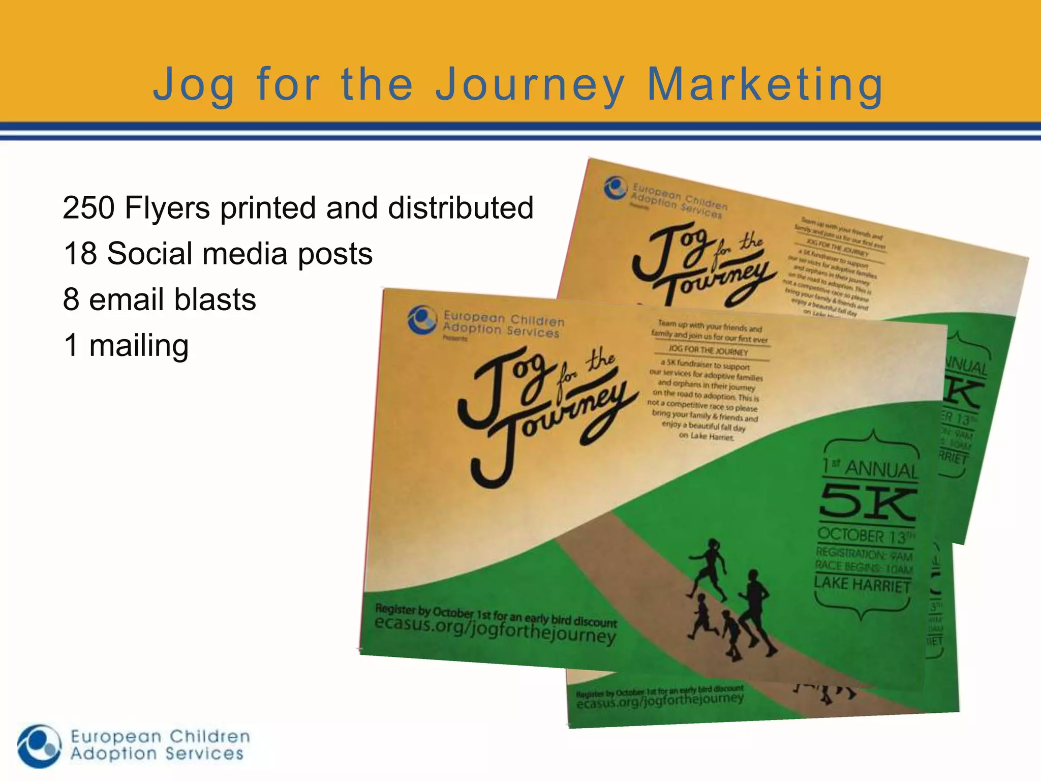 Jog for the Journey Marketing

250 Flyers printed and distributed
18 Social media posts
8 email blasts
1 mailing
 