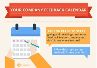 ARE YOU READY TO START
giving and receiving continuous
feedback in your company but
don’t know where to start?
Follow this step-by-step
feedback ‘ﬁtness calendar’
YOUR COMPANY FEEDBACK CALENDAR
 