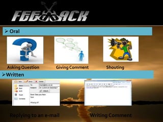  Oral




 Asking Question     Giving Comment        Shouting
Written




  Replying to an e-mail               Writing Comment
 