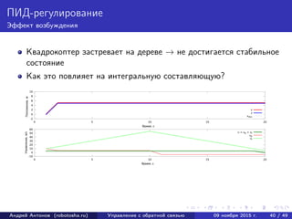 ПИД-регулирование
Эффект возбуждения
Квадрокоптер застревает на дереве → не достигается стабильное
состояние
Как это повлияет на интегральную составляющую?
Андрей Антонов (robotosha.ru) Управление с обратной связью 09 ноября 2015 г. 40 / 49
 