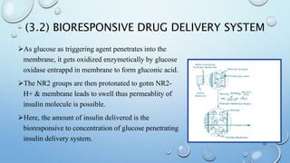 (3.2) BIORESPONSIVE DRUG DELIVERY SYSTEM
As glucose as triggering agent penetrates into the
membrane, it gets oxidized enzymetically by glucose
oxidase entrappd in membrane to form gluconic acid.
The NR2 groups are then protonated to gotm NR2-
H+ & membrane leads to swell thus permeablity of
insulin molecule is possible.
Here, the amount of insulin delivered is the
bioresponsive to concentration of glucose penetrating
insulin delivery system.
10
 
