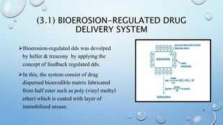 (3.1) BIOEROSION-REGULATED DRUG
DELIVERY SYSTEM
Bioerosion-regulated dds was devolped
by heller & trescony by applying the
concept of feedback regulated dds.
In this, the system consist of drug
dispersed bioerodible matrix fabricated
from half ester such as poly (vinyl methyl
ether) which is coated with layer of
immobilised urease.
6
 