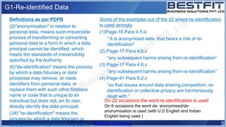 G1-Re-identified Data
Definitions as per PDPB
(2)"anonymisation" in relation to
personal data, means such irreversible
pro...