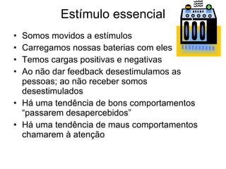 Estímulo essencial Somos movidos a estímulos Carregamos nossas baterias com eles Temos cargas positivas e negativas Ao não dar feedback desestimulamos as pessoas; ao não receber somos desestimulados Há uma tendência de bons comportamentos “passarem desapercebidos” Há uma tendência de maus comportamentos chamarem à atenção 