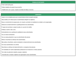 Transmite bem a missão e objetivos da organização a seus subordinados.  Tem visão do potencial e desafia a equipe a realizá-lo.  Tem facilidade em manter objetividade profissional e em direcionar e motivar pessoas.  Reconhece os esforços de desenvolvimento e o progresso das pessoas.  Ouvi seus subordinados e os orienta.  Não pratica o favoritismo, sendo consistente no desenvolvimento dos subordinados. Motiva e reconhece os esforços dos subordinados. Faz as coisas pensando no que os subordinados irão pensar.  Faz as coisas acontecerem.  Eventualmente vive e participa da realidade de seus subordinados. Enfatiza o acerto e não o erro. É capaz de reconhecer e exigir de cada um o que tem de melhor. Dedica-se ao desenvolvimento e aperfeiçoamento dos subordinados. Busca o envolvimento da equipe para, em conjunto, aumentar os resultados da unidade ou da organização.  Aloca tarefas com clareza para os subordinados atingirem os objetivos.  Inspira e cria condições para que os subordinados tenham atuação exemplar.  LIDERANÇA   Trabalha bem com o grupo, coopera na divisão de idéias e recursos.  Prefere trabalhar em grupo do que sozinho. É bem aceito pelo grupo. TRABALHO EM EQUIPE 