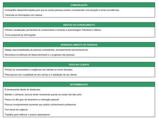 Trabalha para melhorar o próprio desempenho.  Tem senso de urgência.  Procura constantemente aumentar seu próprio conhecimento profissional.  Possui um alto grau de dinamismo e motivação pessoal.  Mantém o otimismo, procura tentar novamente quando as coisas não dão certo.  É perseverante diante de obstáculos.  DETERMINAÇÃO   Preocupa-se com a qualidade do seu serviço e a satisfação de seu cliente.  Prioriza as necessidades e exigências dos clientes ao tomar decisões.  FOCO NO CLIENTE   Reconhece os esforços de desenvolvimento e o progresso das pessoas.  Delega responsabilidades às pessoas competentes, acompanhando-as/orientando-as.  DESENVOLVIMENTO DE PESSOAS   Torna acessível as informações.  Orienta a atualização permanente do conhecimento e fomenta a aprendizagem individual e coletiva.  GESTÃO DO CONHECIMENTO   Transmite as informações com clareza. Compartilha idéias/informações para que as outras pessoas possam compreender uma situação e tomar providências.  COMUNICAÇÃO 