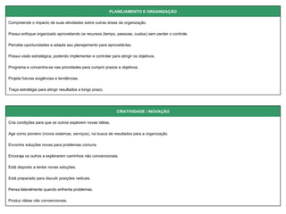 Produz idéias não convencionais.  Pensa lateralmente quando enfrenta problemas. Está preparado para discutir posições radicais.  Está disposto a tentar novas soluções. Encoraja os outros a explorarem caminhos não convencionais. Encontra soluções novas para problemas comuns. Age como pioneiro (novos sistemas, serviços), na busca de resultados para a organização. Cria condições para que os outros explorem novas idéias. CRIATIVIDADE / INOVAÇÃO   Traça estratégia para atingir resultados a longo prazo.  Projeta futuras exigências e tendências.  Programa e concentra-se nas prioridades para cumprir prazos e objetivos.  Possui visão estratégica, podendo implementar e controlar para atingir os objetivos.  Percebe oportunidades e adapta seu planejamento para aproveitá-las.  Possui enfoque organizado aproveitando os recursos (tempo, pessoas, custos) sem perder o controle.  Compreende o impacto de suas atividades sobre outras áreas da organização.  PLANEJAMENTO E ORGANIZAÇÃO 