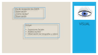 VISUAL
Vía de recepción los OJOS
Observación
¿Cómo recibe?
Observando
Incluye:
• Expresiones faciales
• Análisis escritos
• Observación de fotografías y videos
 