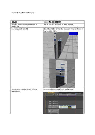 Completed by Barbara Gregory
Issues Fixes (if applicable)
Needs a background colour when it
zooms out
I feel its fine so I am going to leave it black
Doorways look very 2d Edited the model so that the doors are now 3d planes as
they were 2d planes
Needs some music or sound effects
applied to it
Re-rendered with music in the background
 