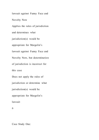 lawsuit against Funny Face and
Novelty Now
Applies the rules of jurisdiction
and determines what
jurisdiction(s) would be
appropriate for Margolin’s
lawsuit against Funny Face and
Novelty Now, but determination
of jurisdiction is incorrect for
this case
Does not apply the rules of
jurisdiction or determine what
jurisdiction(s) would be
appropriate for Margolin’s
lawsuit
6
Case Study One:
 