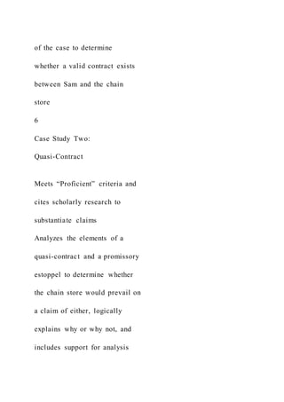 of the case to determine
whether a valid contract exists
between Sam and the chain
store
6
Case Study Two:
Quasi-Contract
Meets “Proficient” criteria and
cites scholarly research to
substantiate claims
Analyzes the elements of a
quasi-contract and a promissory
estoppel to determine whether
the chain store would prevail on
a claim of either, logically
explains why or why not, and
includes support for analysis
 